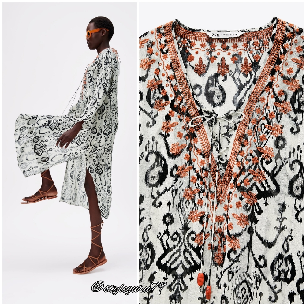NWT, ZARA, EMBROIDERED TUNIC CAFTAN V NECK DRESS - Picture 4 of 5